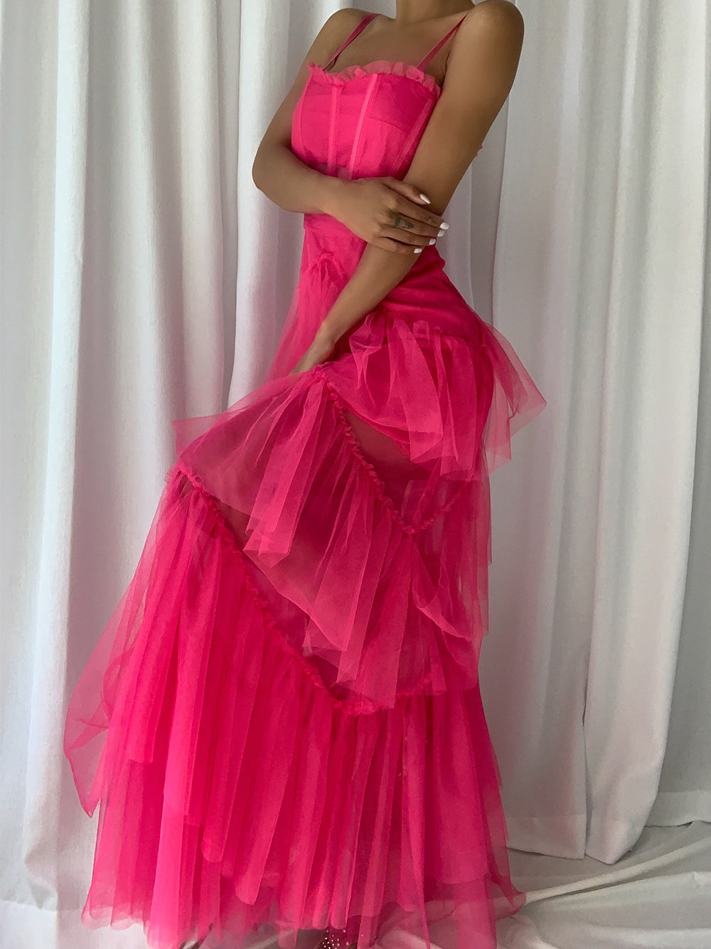 Fuchsia Square Neck Strap Corset Tulle Tiered Ruffle Maxi Gown 4