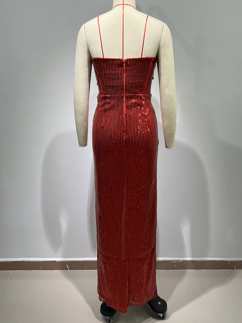 Red Strapless Floral Applique Sequin High Slit Column Gown