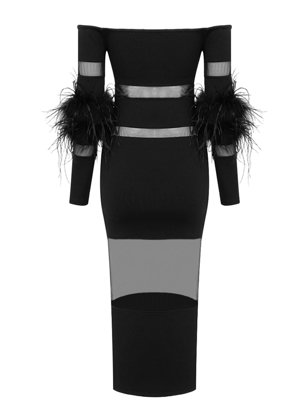 Black Off-Shoulder Feather Cuff Long Sleeve Sheer Mesh Bodycon Midi Dress