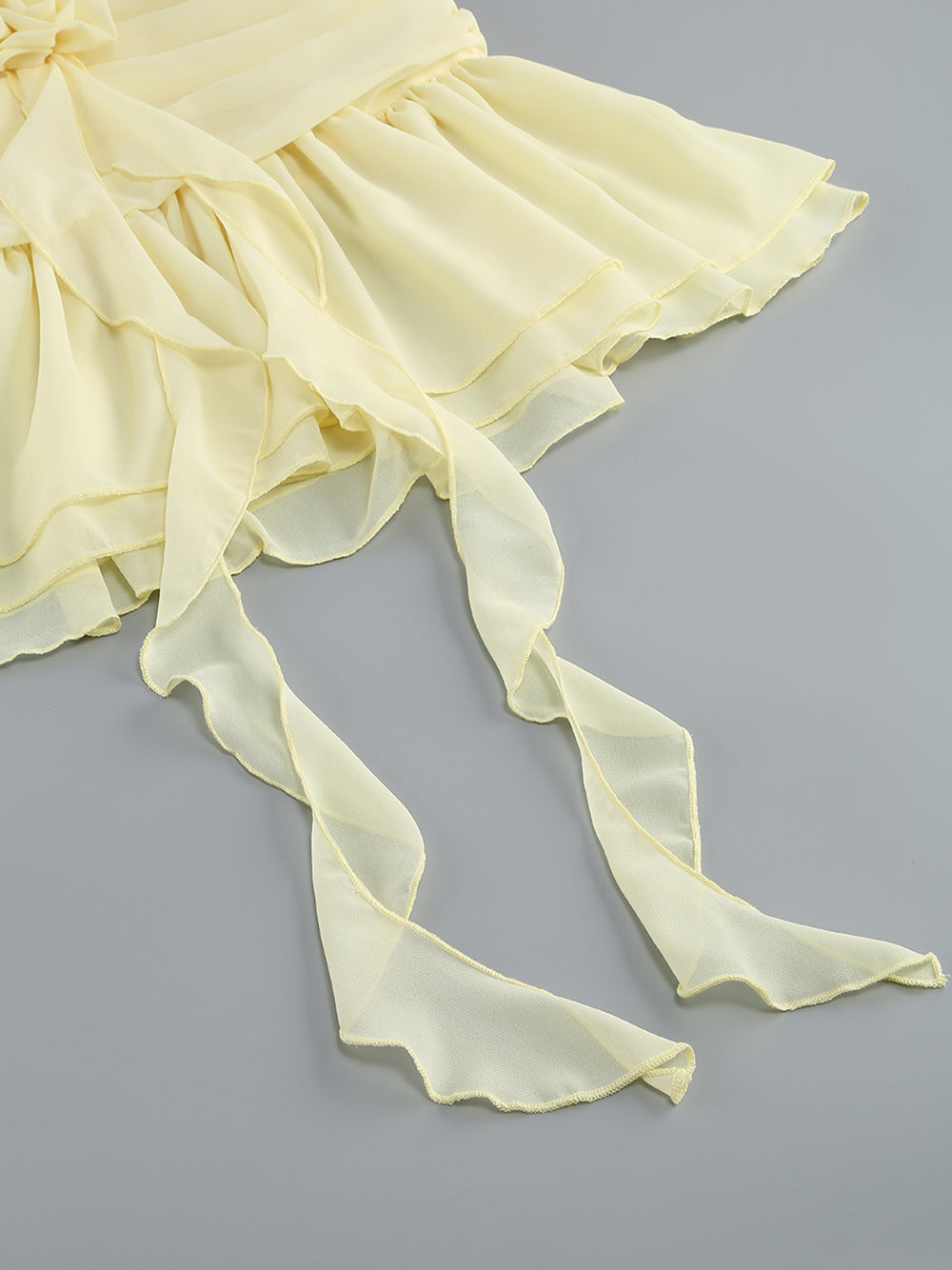 Yellow Halter Plunge Ruffle Chiffon Rosette Drop Waist Mini Dress