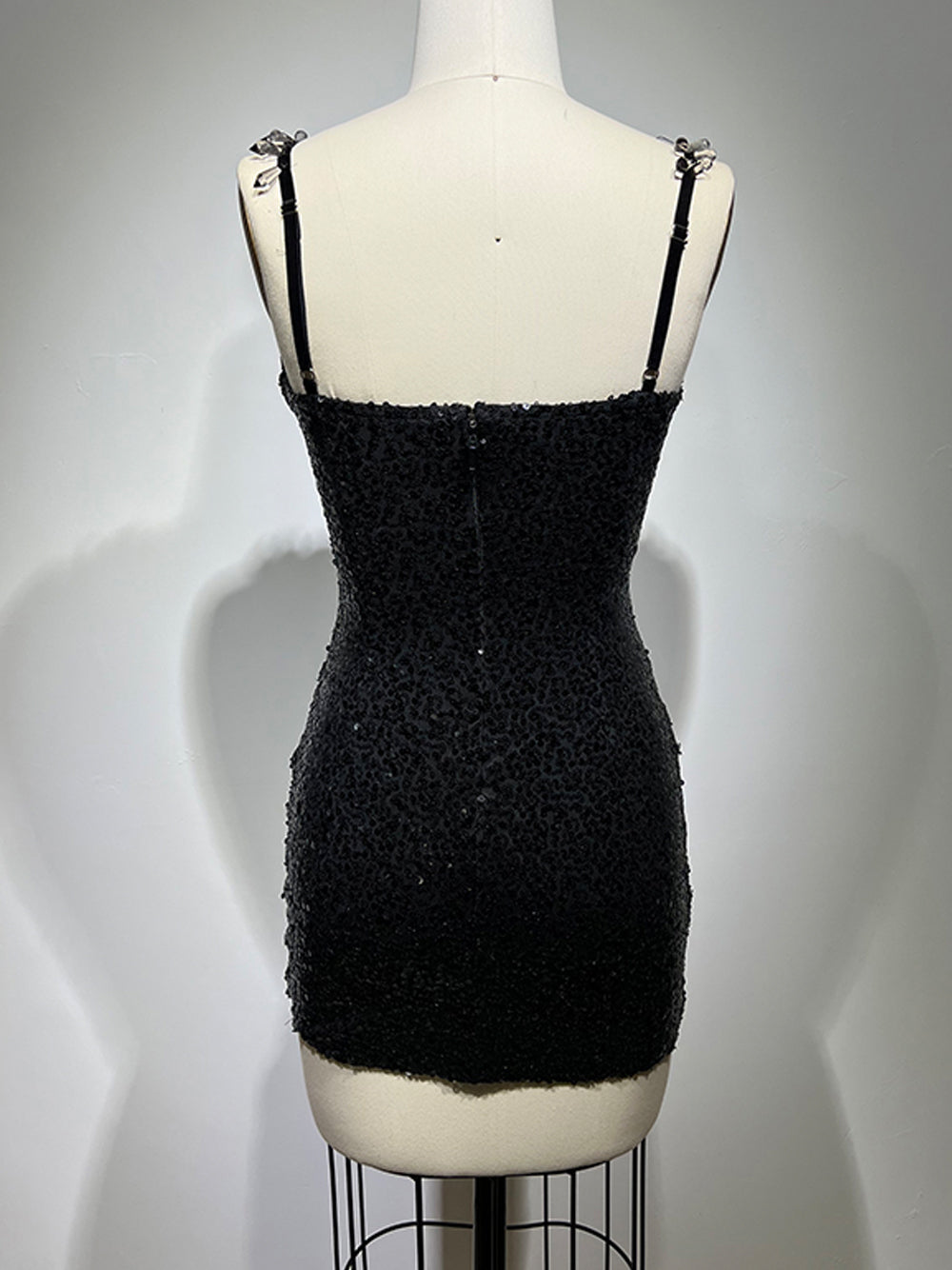 Black V-Neck Beaded Sequin Sheer Corset Ruched Bodycon Mini Dress