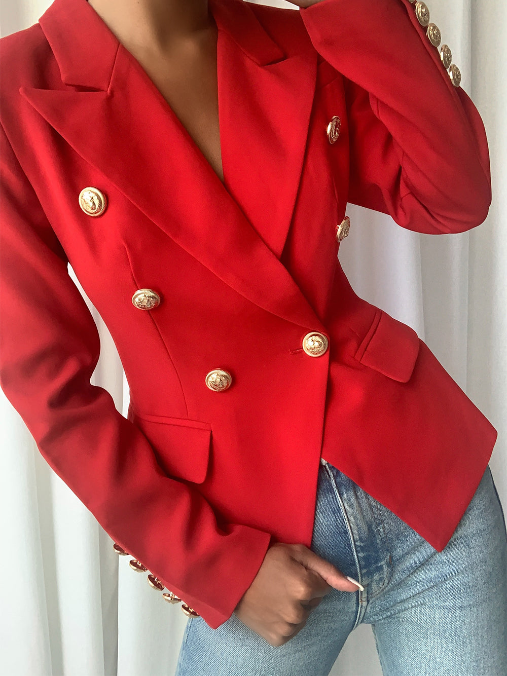 Red Peaked Lapel Gold Button Double-Breasted Blazer