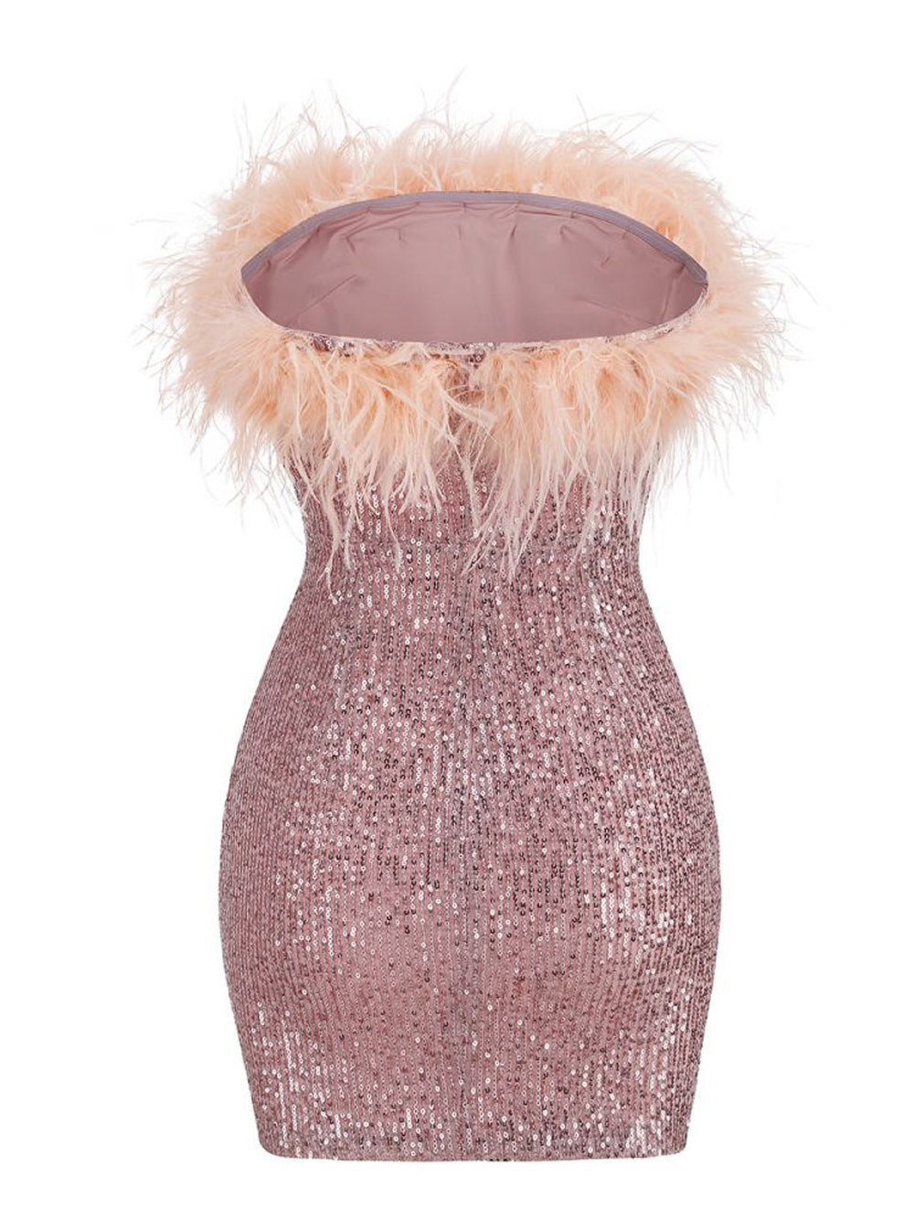 Pink Strapless Feather Trim Sequin Bodycon Mini Dress
