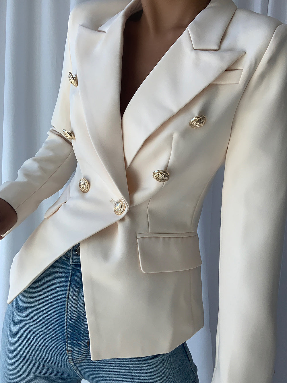 White Peaked Lapel Gold Button Double Breasted Blazer 2