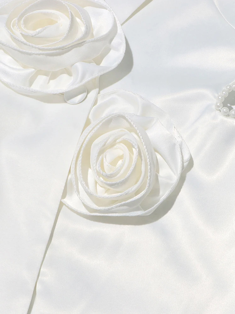 White Rosette Applique Satin Blazer and Pearl Beaded Pants Set