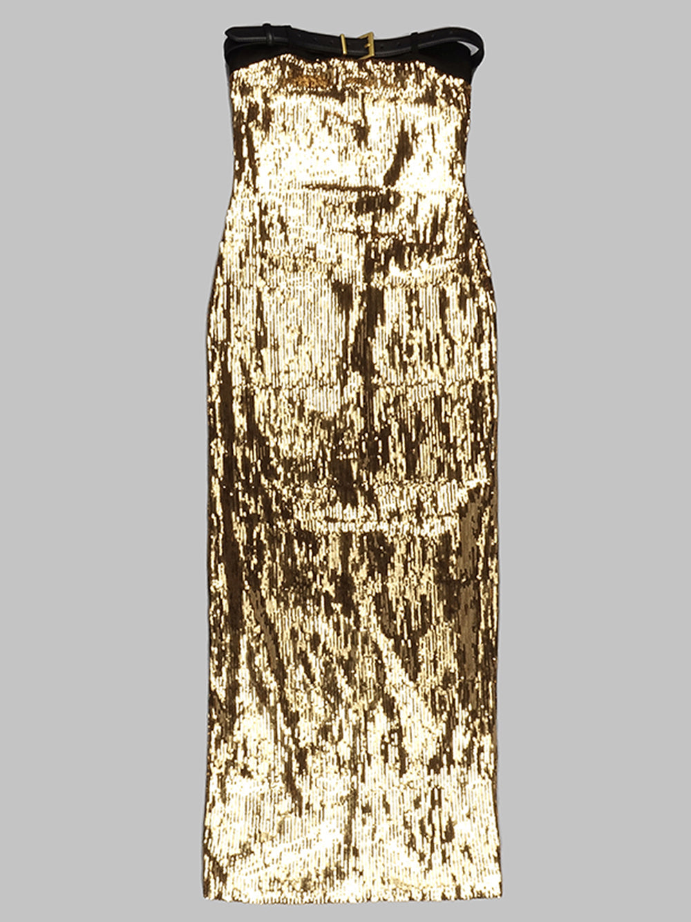 Gold Strapless Belted Sequin Ruched Bodycon Maxi Dress