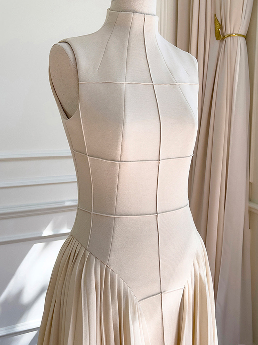 Apricot Mock Neck Sleeveless Grid Seam Pleated Fit And Flare Midi Dress