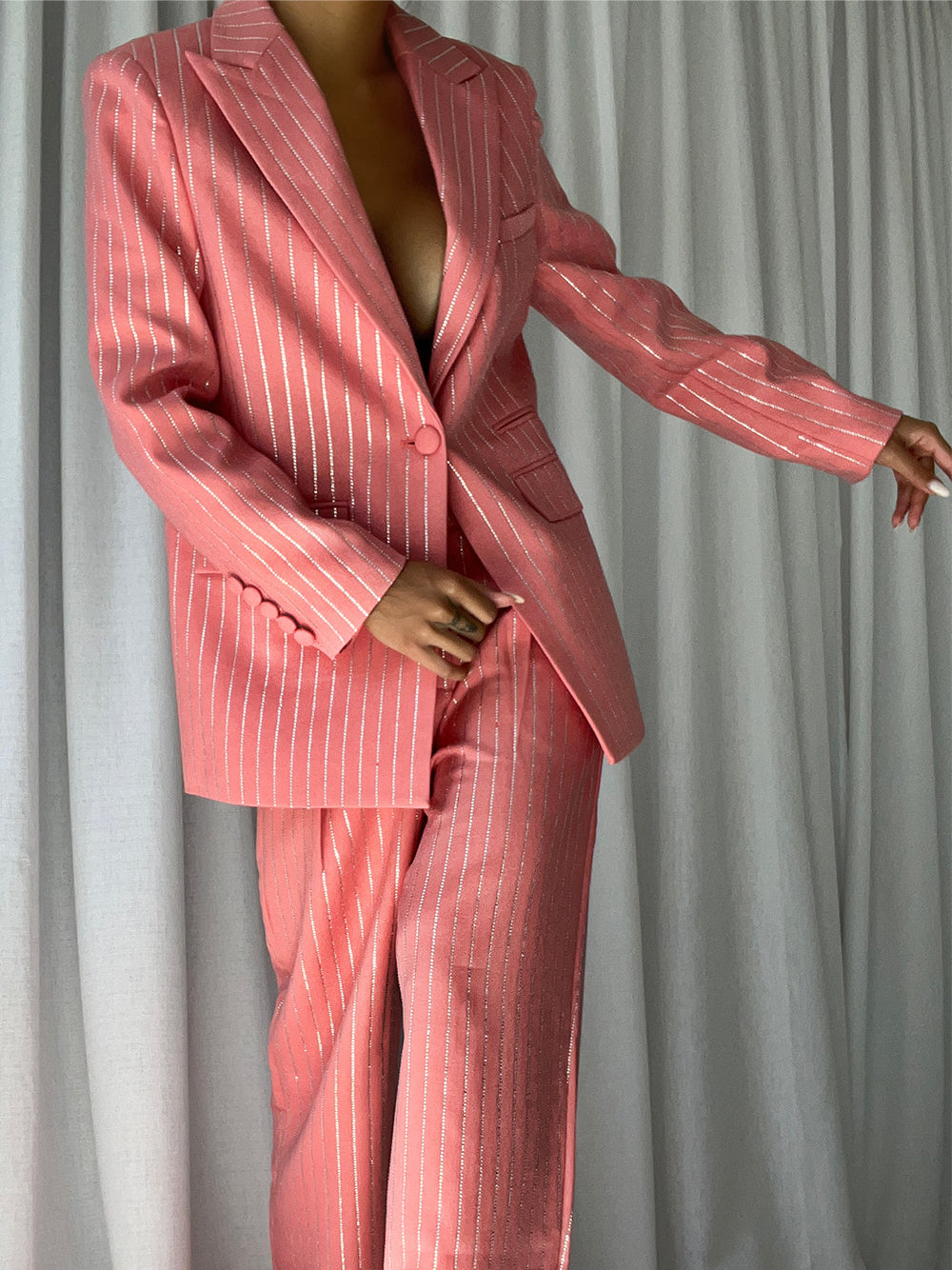 Pink Peak Lapel Rhinestone Pinstripe Oversized Blazer And Pants Set 14