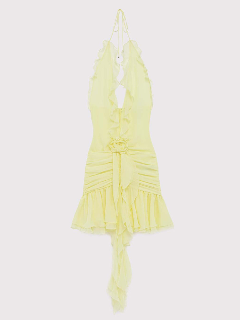 Yellow Halter Plunge Ruffle Chiffon Rosette Drop Waist Mini Dress