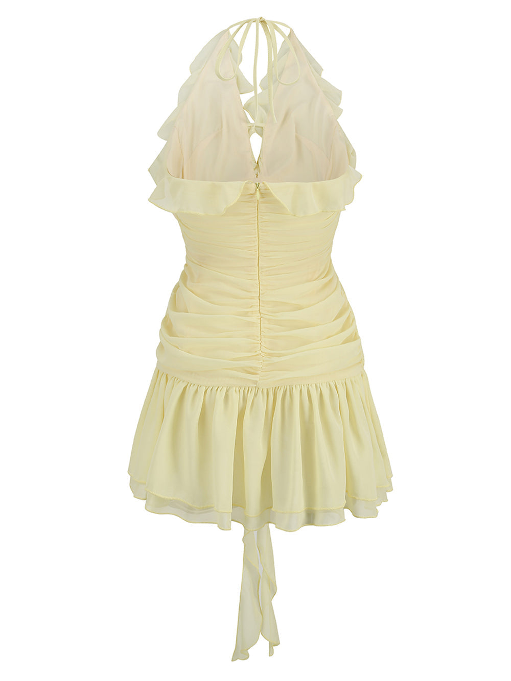 Yellow Halter Plunge Ruffle Chiffon Rosette Drop Waist Mini Dress