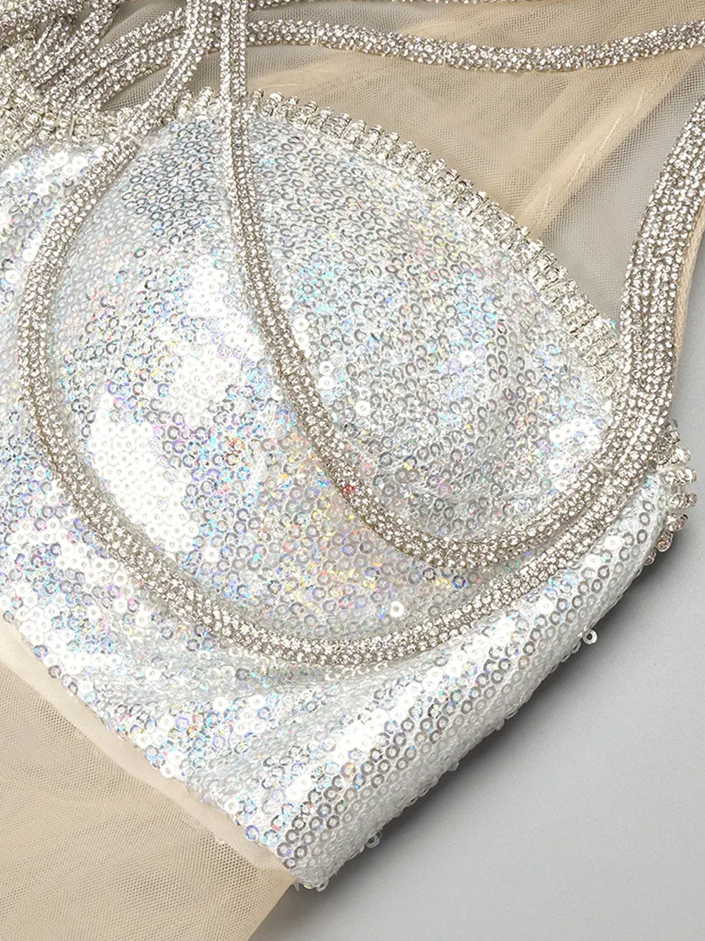 Silver Strappy Rhinestone Fringe Cutout Sequin High Slit Maxi Gown 6