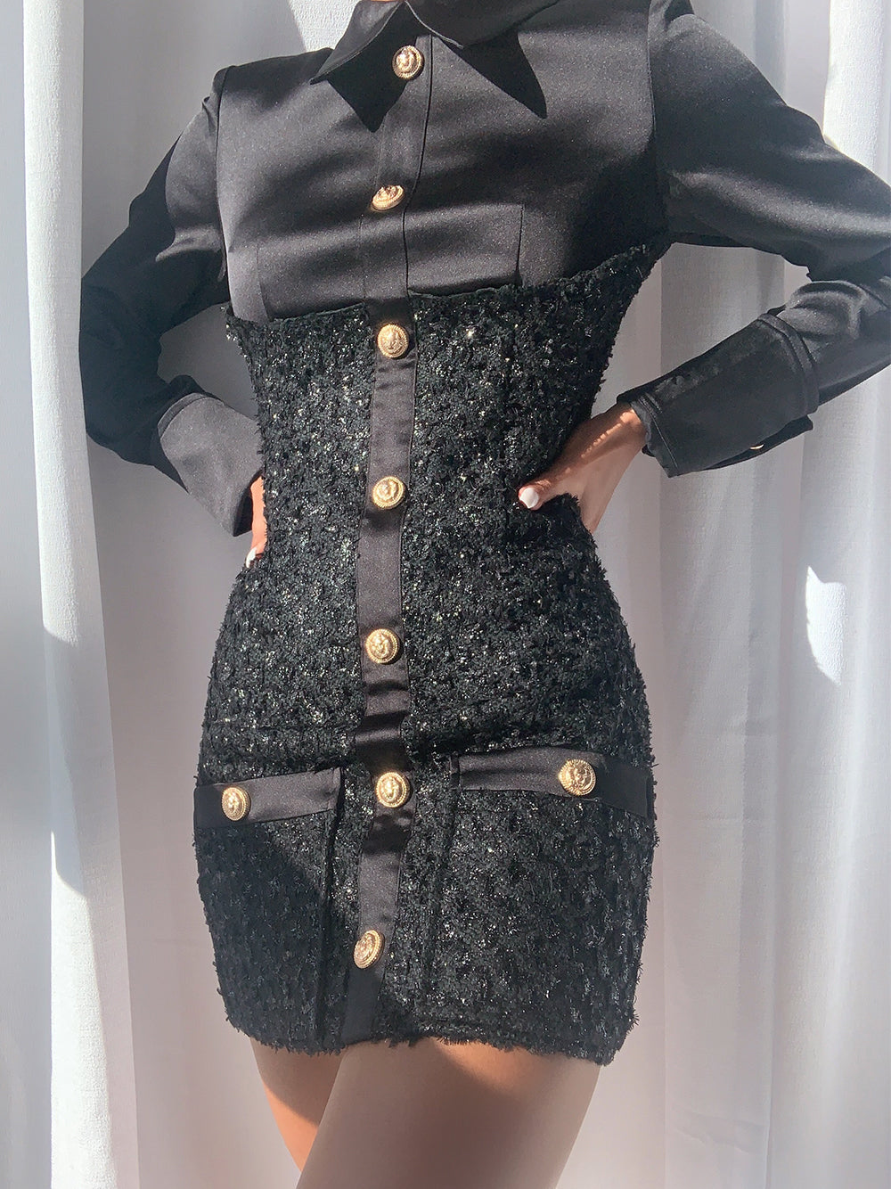 Black Collared Gold Button Tinsel Tweed Long Sleeve Bodycon Mini Dress