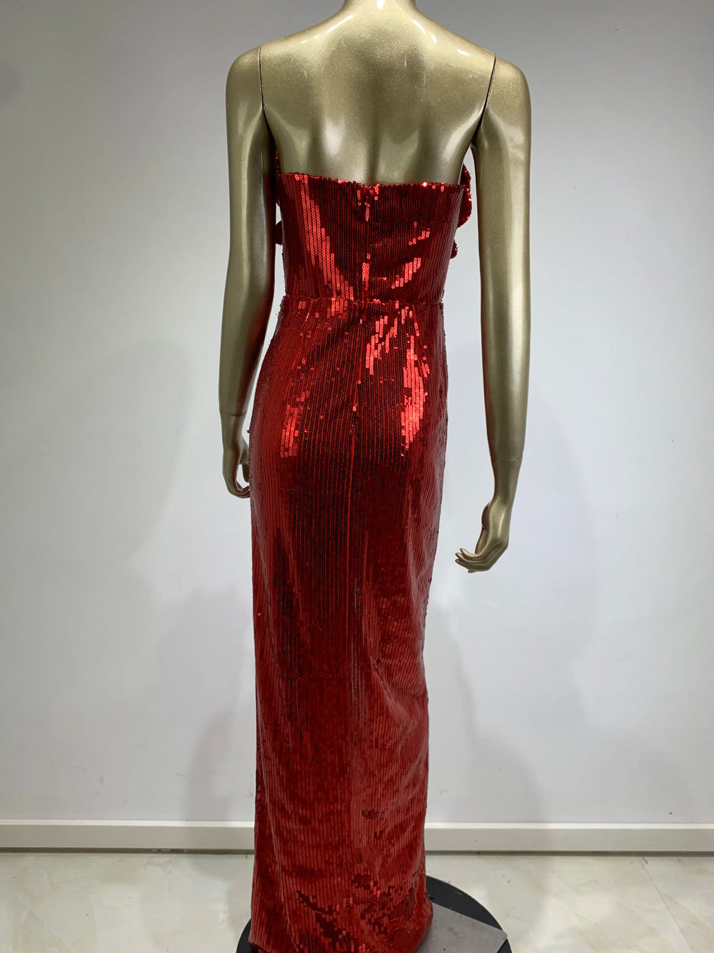 Red Strapless Floral Applique Sequin High Slit Column Gown
