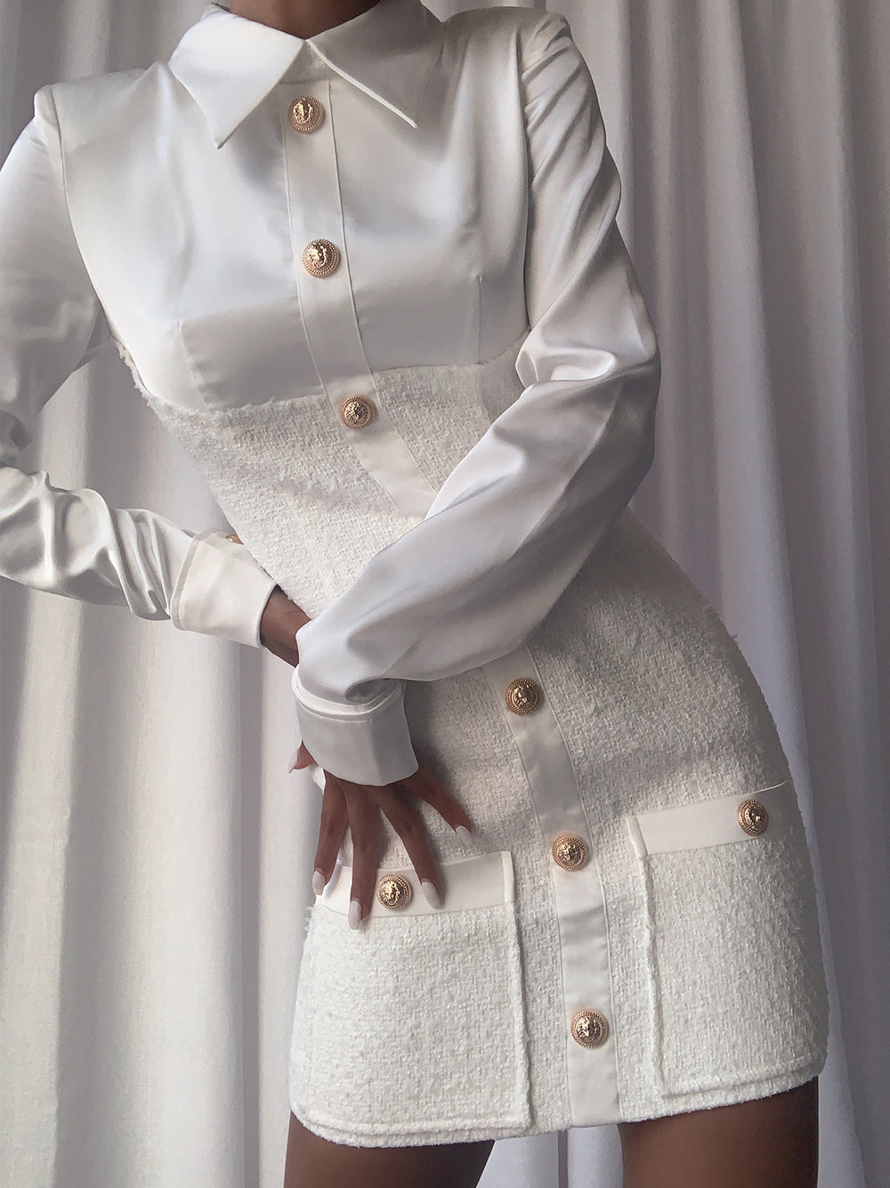 White Collared Gold Button Satin Tweed Long Sleeve Bodycon Mini Dress