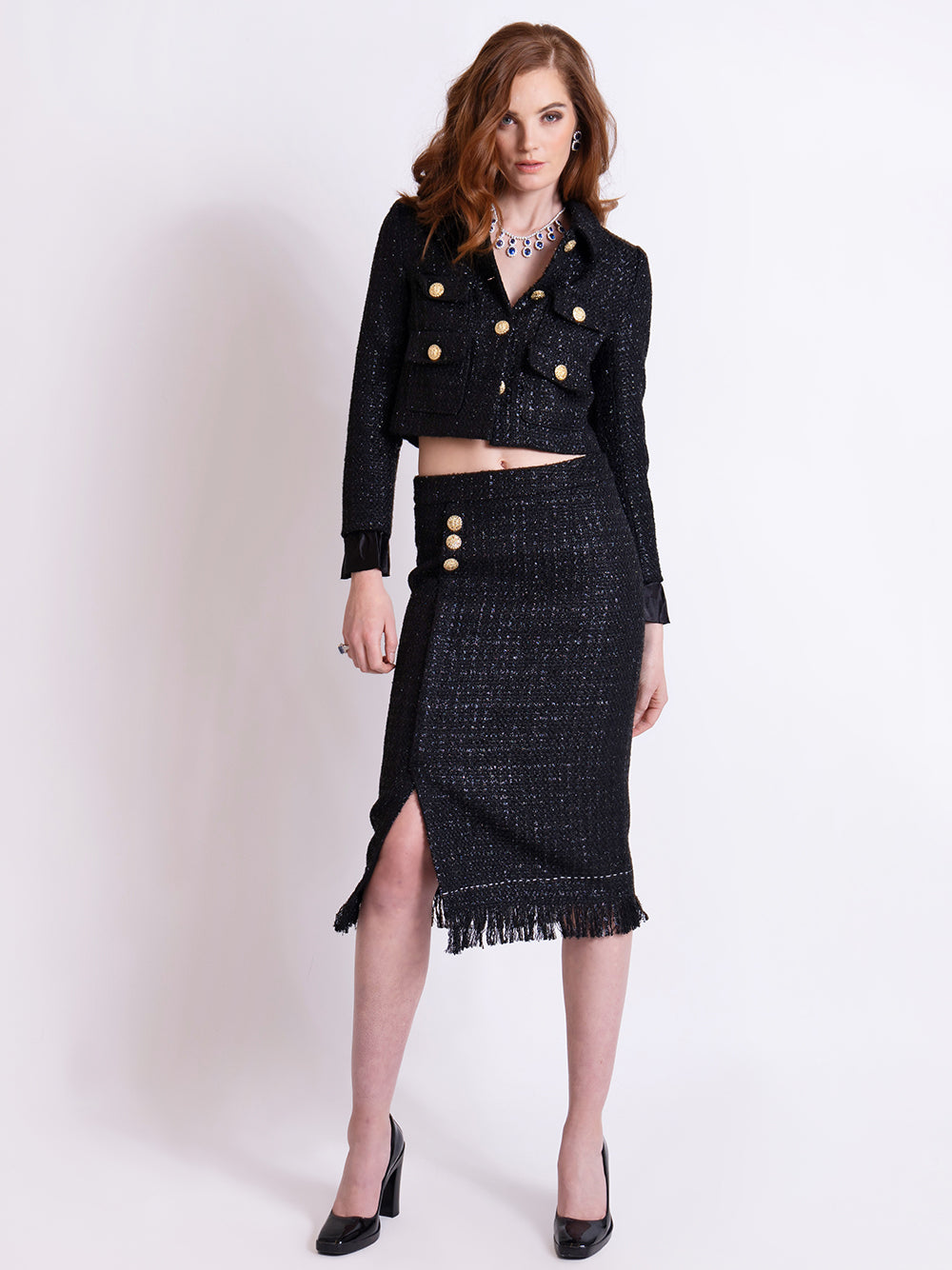 Black Gold Button Tweed Cropped Jacket and Fringe Skirt Set