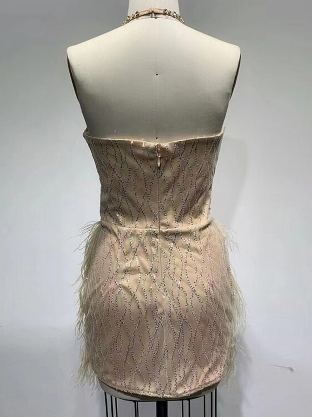 Beige Halter Neck Rhinestone Feather Skirt Bodycon Mini Dress