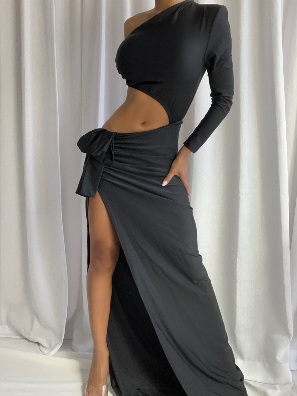 Black One Shoulder One Sleeve Cutout High Slit Bodycon Maxi Dress