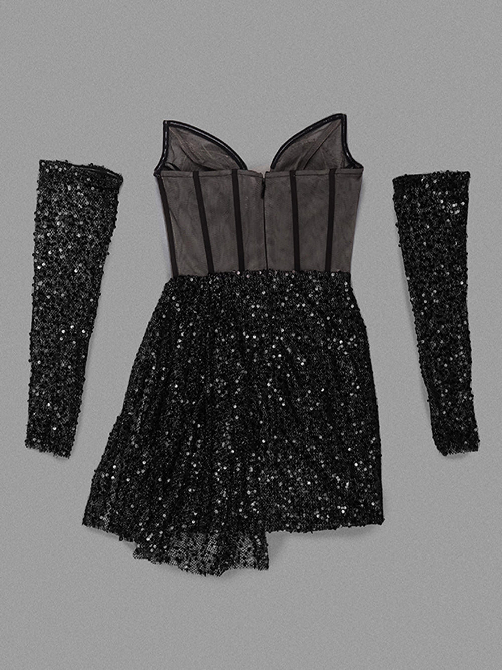 Black Strapless Sequin Mesh Corset Ruched Bodycon Mini Dress