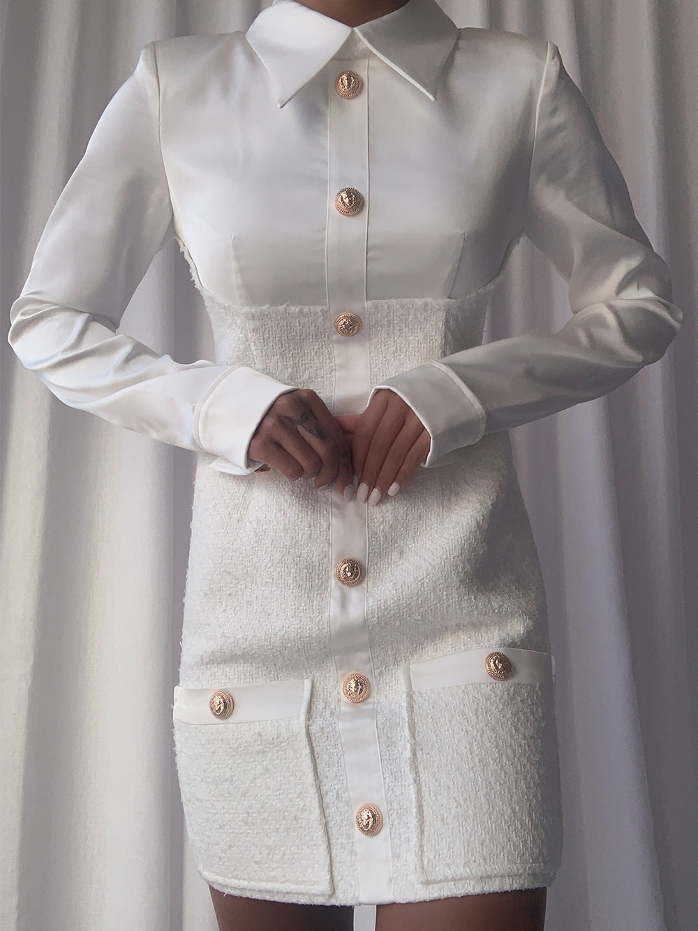 White Collared Gold Button Satin Tweed Long Sleeve Bodycon Mini Dress