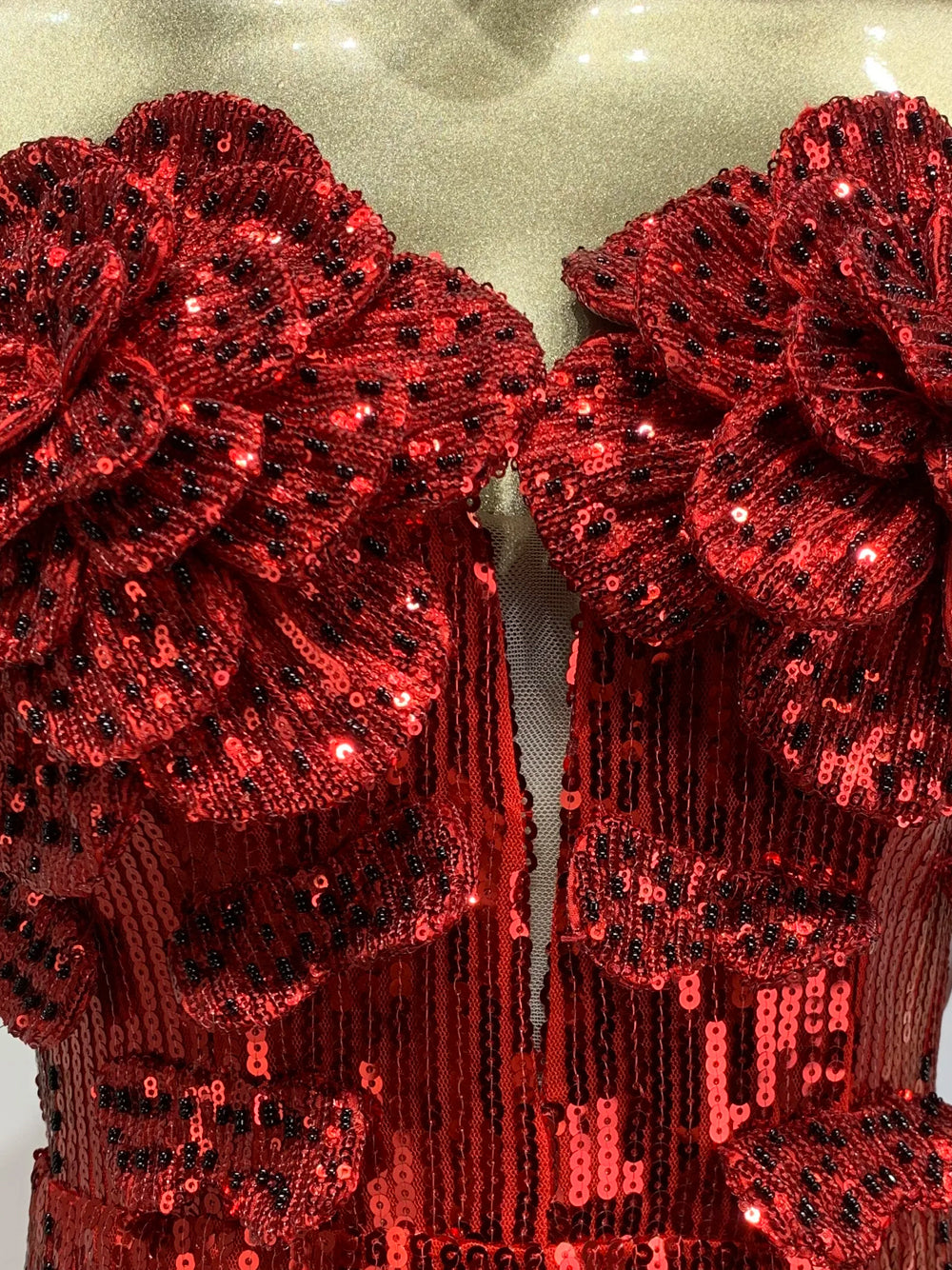 Red Strapless Floral Applique Sequin High Slit Column Gown