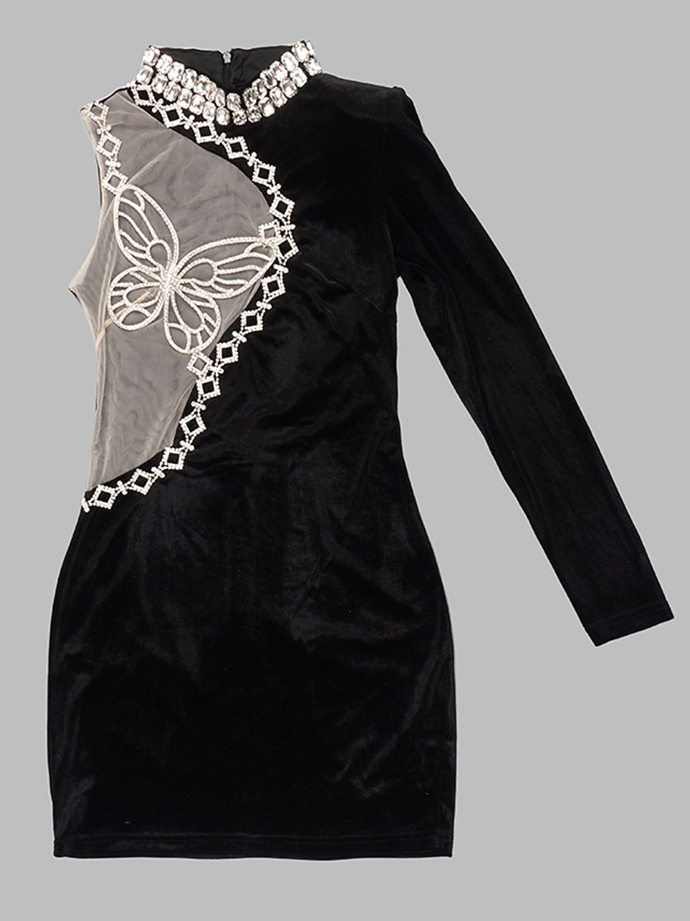 Black High Neck Rhinestone Butterfly Velvet One Sleeve Bodycon Mini Dress