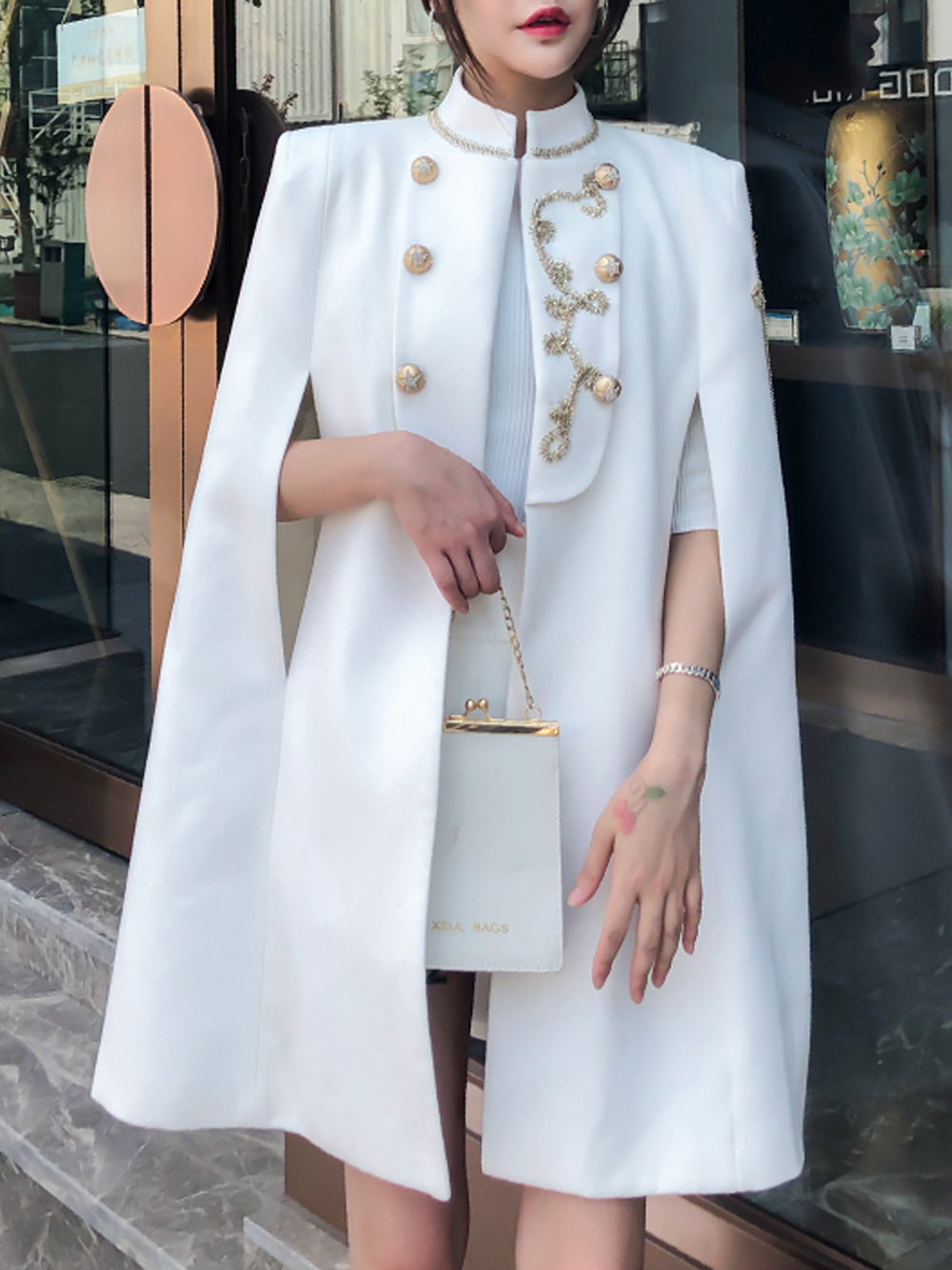 Stand Collar Gold Embroidered Button Military Cape