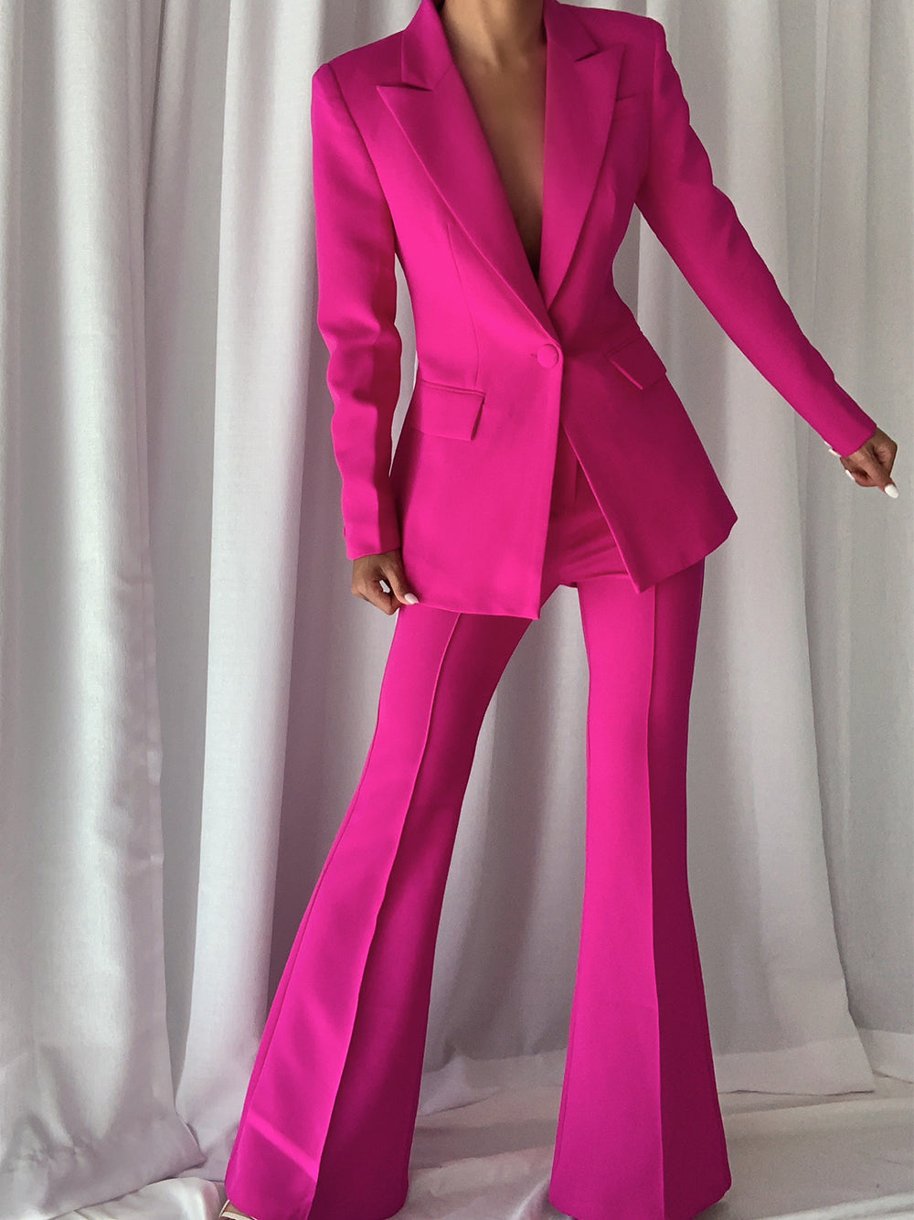 Purple Shawl Lapel Single Button Blazer and Flared Pants Set