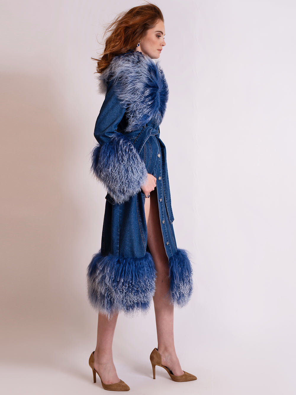 Denim Shaggy Fur Collar Cuff Hem Belted Button-Up Denim Coat 6