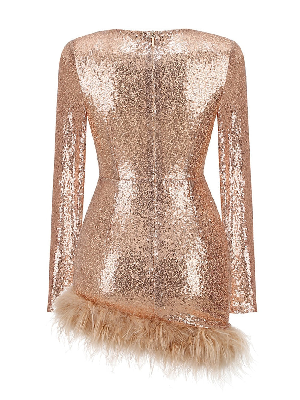 Gold Sweetheart Illusion Long Sleeve Sequin Feather Hem Bodycon Mini Dress 2