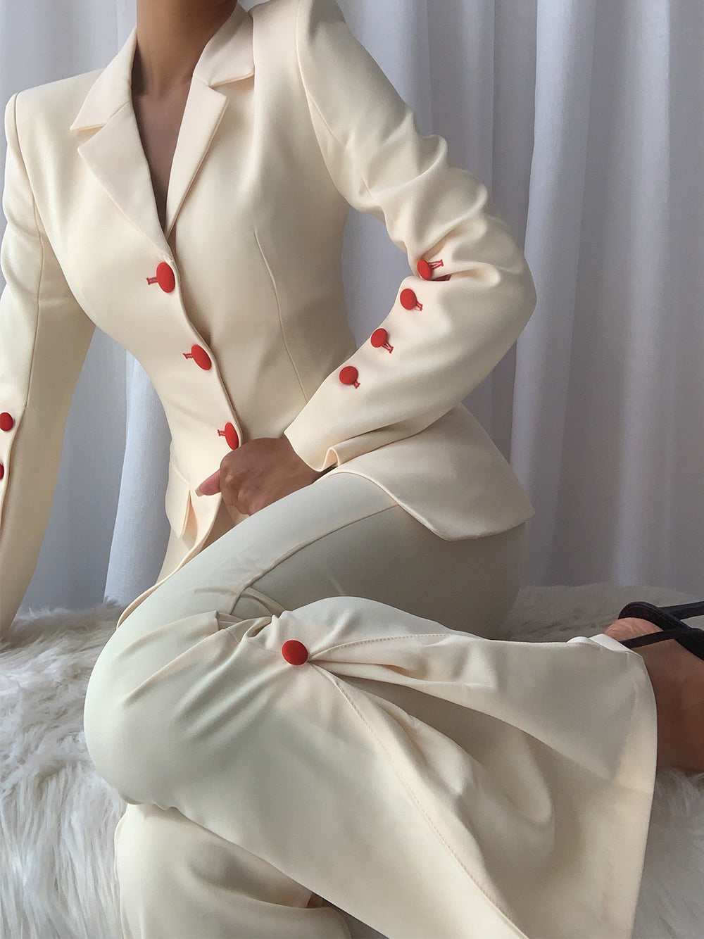Beige Notch Lapel Button Blazer and Flare Pants Set