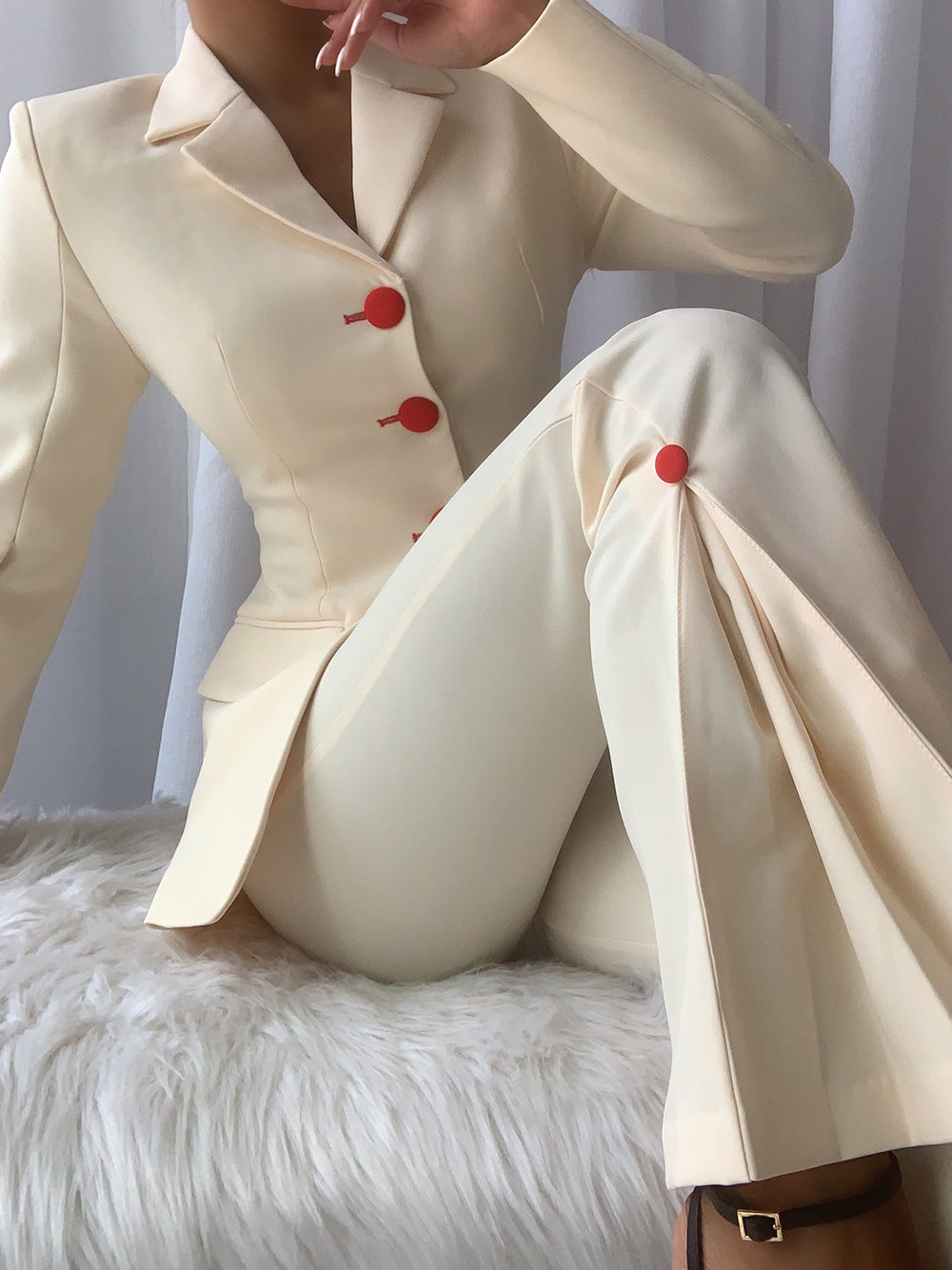 Beige Notch Lapel Button Blazer and Flare Pants Set