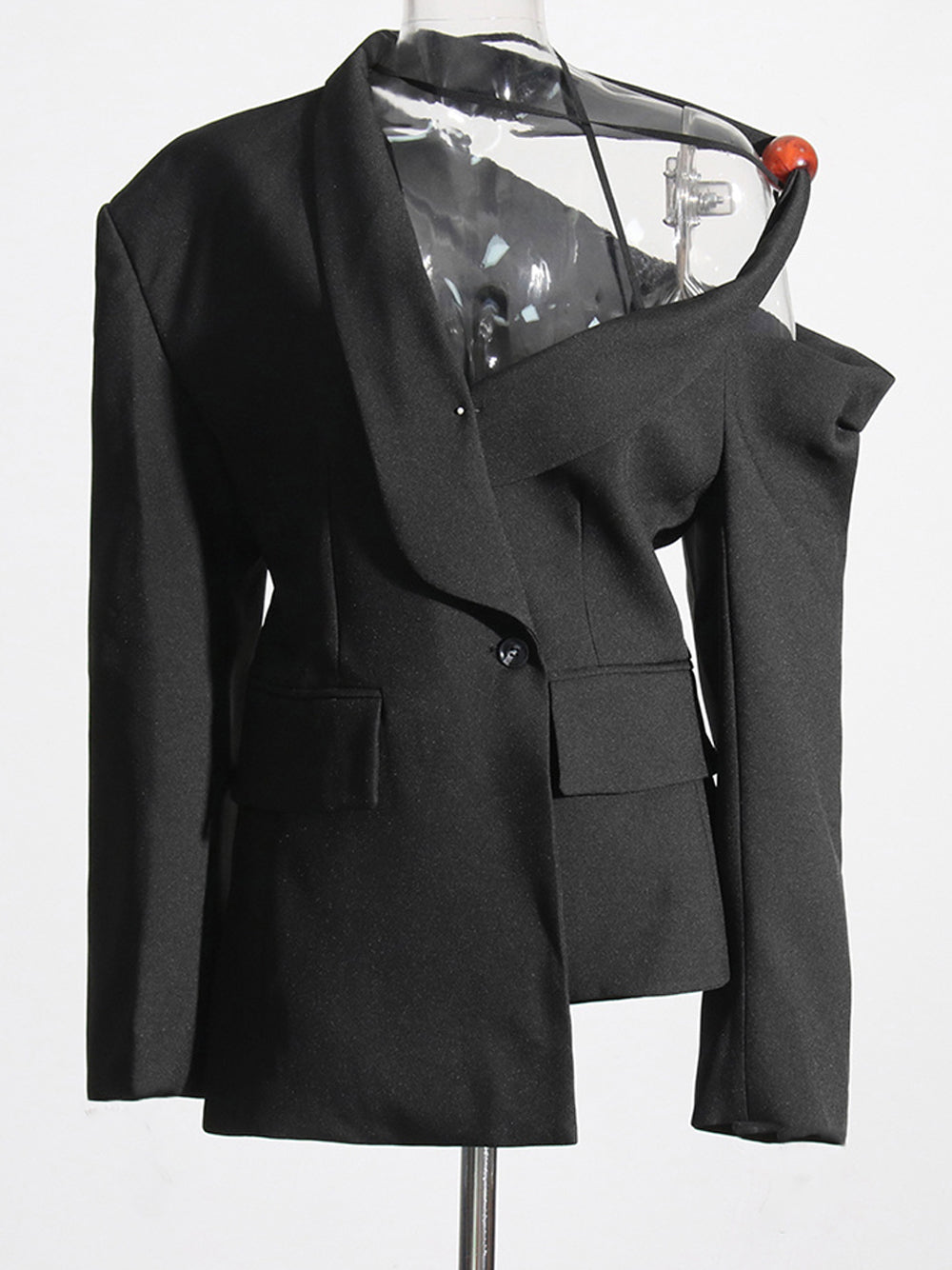 Black Asymmetric Cold Shoulder Halter Strap Tailored Blazer