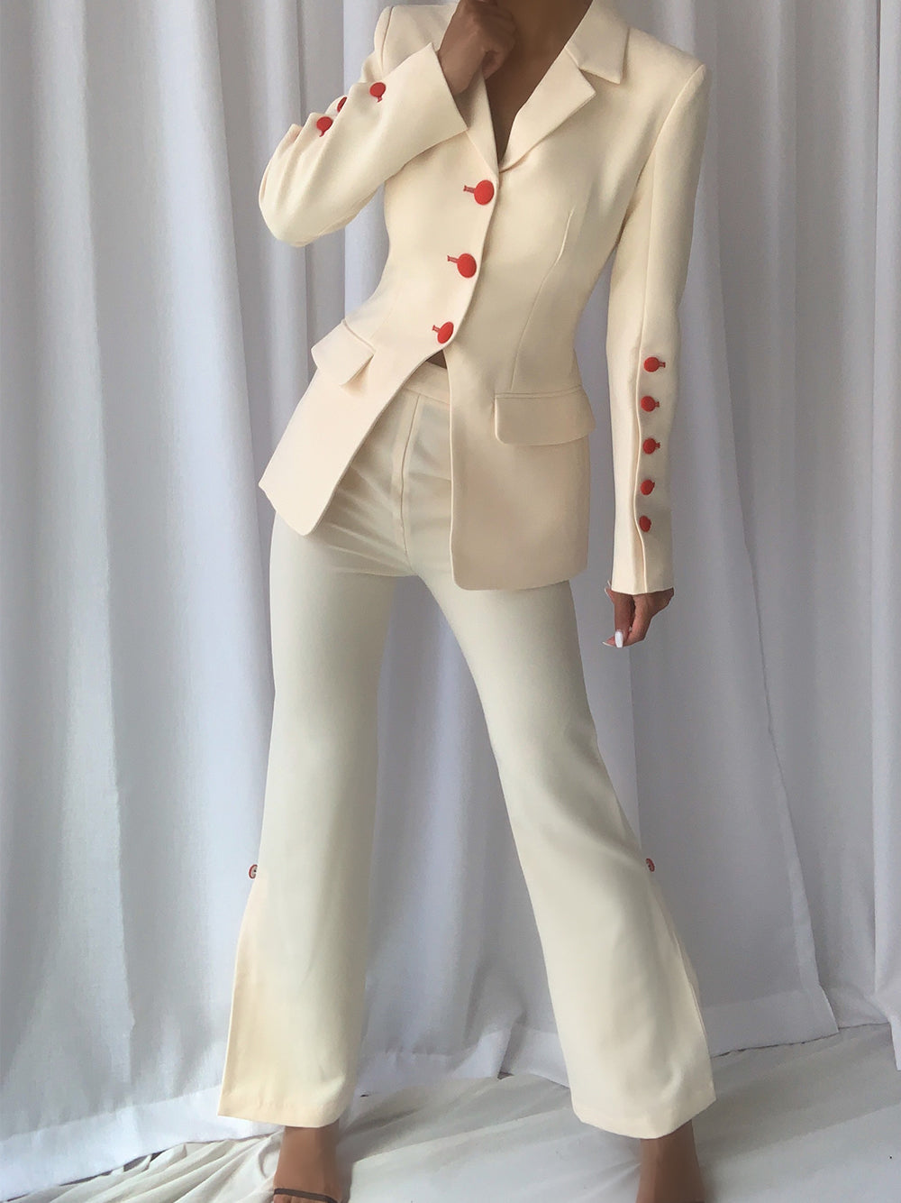 Beige Notch Lapel Button Blazer and Flare Pants Set