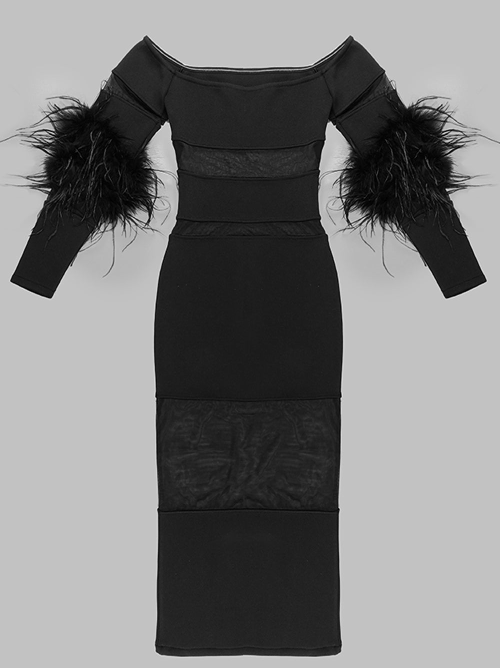Black Off-Shoulder Feather Cuff Long Sleeve Sheer Mesh Bodycon Midi Dress