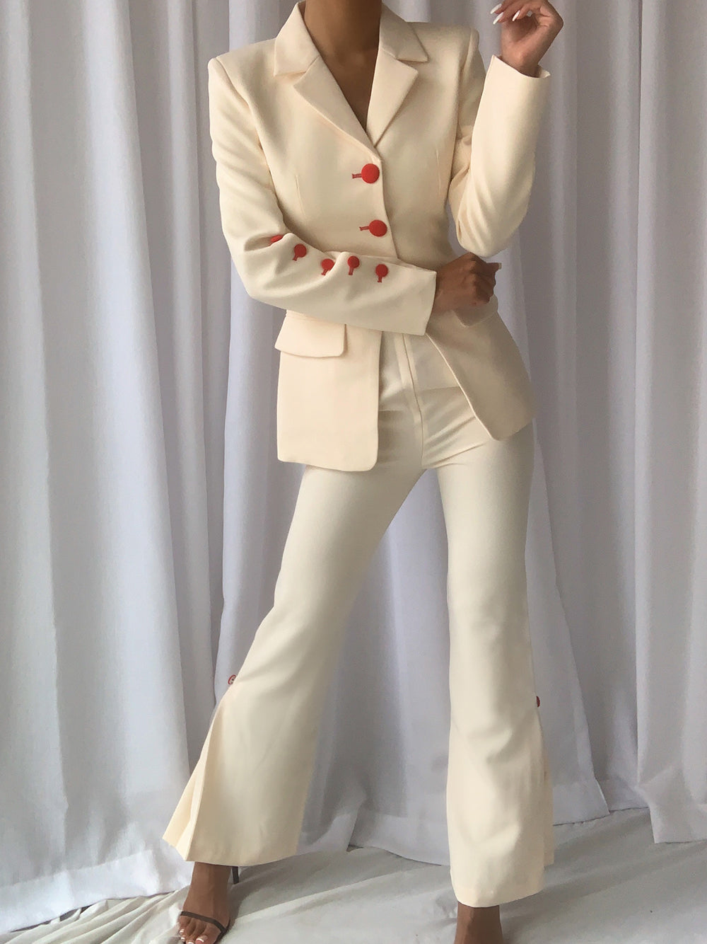 Beige Notch Lapel Button Blazer and Flare Pants Set