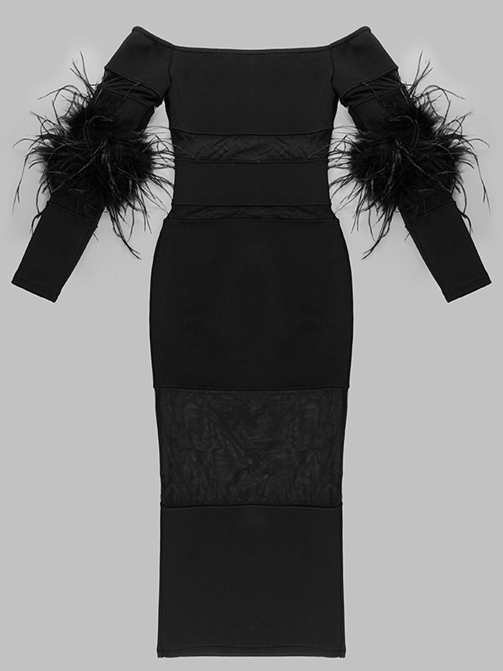 Black Off-Shoulder Feather Cuff Long Sleeve Sheer Mesh Bodycon Midi Dress