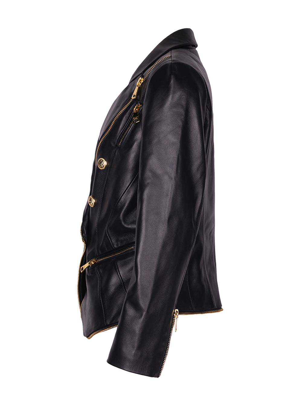 Black Peak Lapel Double Breasted Gold Button Zip Leather Blazer