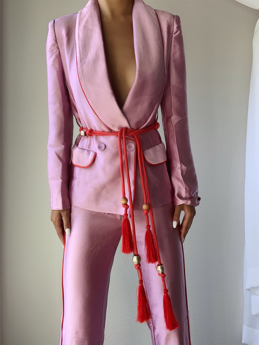 Pink Shawl Collar Contrast Piping Tassel Belt Satin Blazer Pants Set