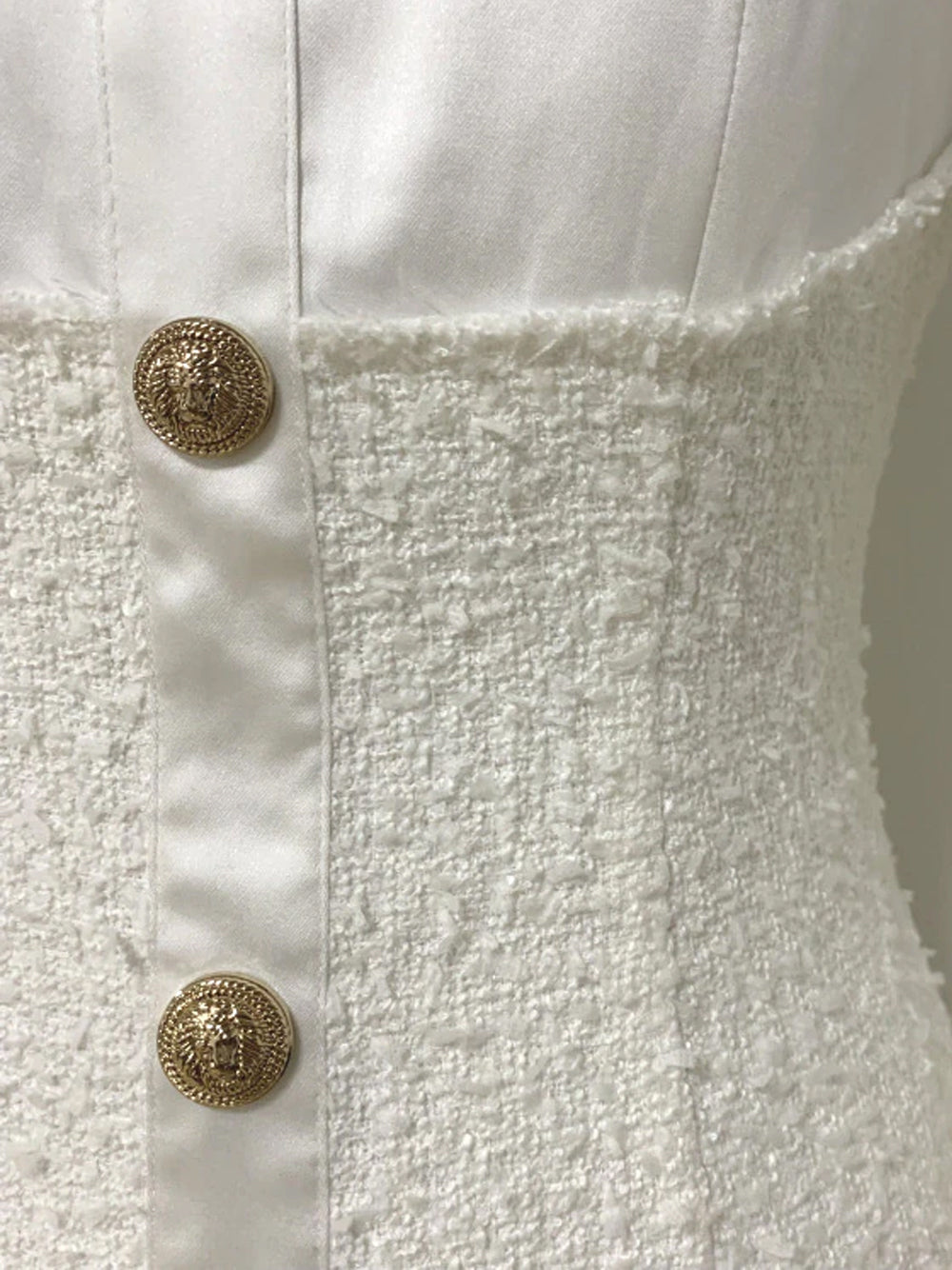 White Collared Gold Button Satin Tweed Long Sleeve Bodycon Mini Dress