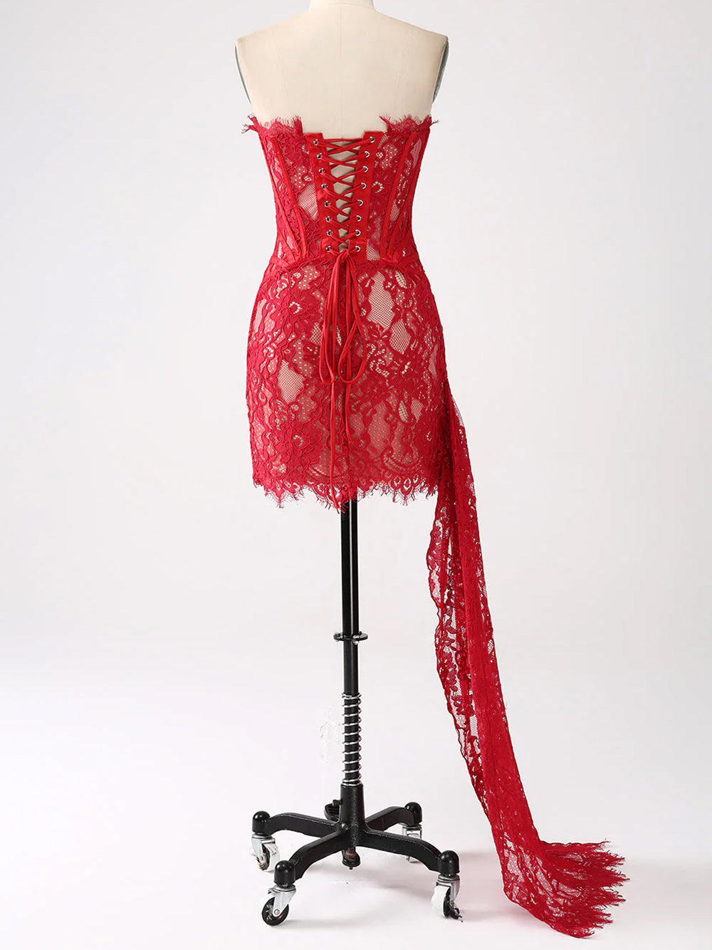 Red Strapless Eyelash Lace Corset Ruched Bodycon Mini Dress 13