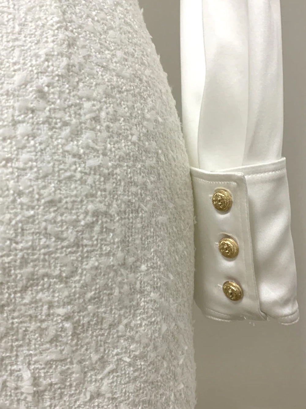 White Collared Gold Button Satin Tweed Long Sleeve Bodycon Mini Dress