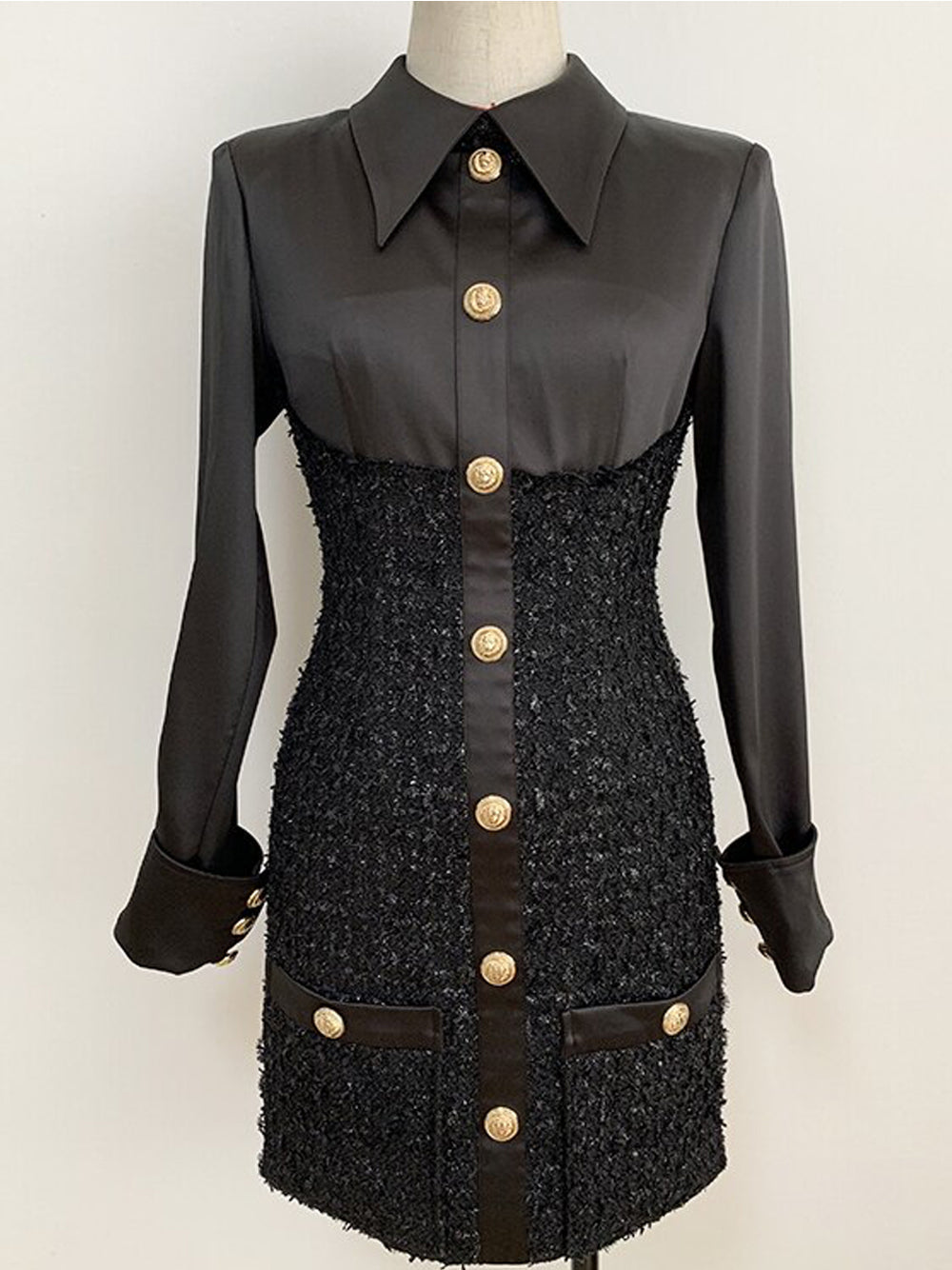 Black Collared Gold Button Tinsel Tweed Long Sleeve Bodycon Mini Dress