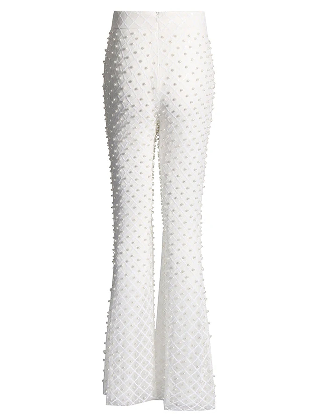 White Rosette Applique Satin Blazer and Pearl Beaded Pants Set
