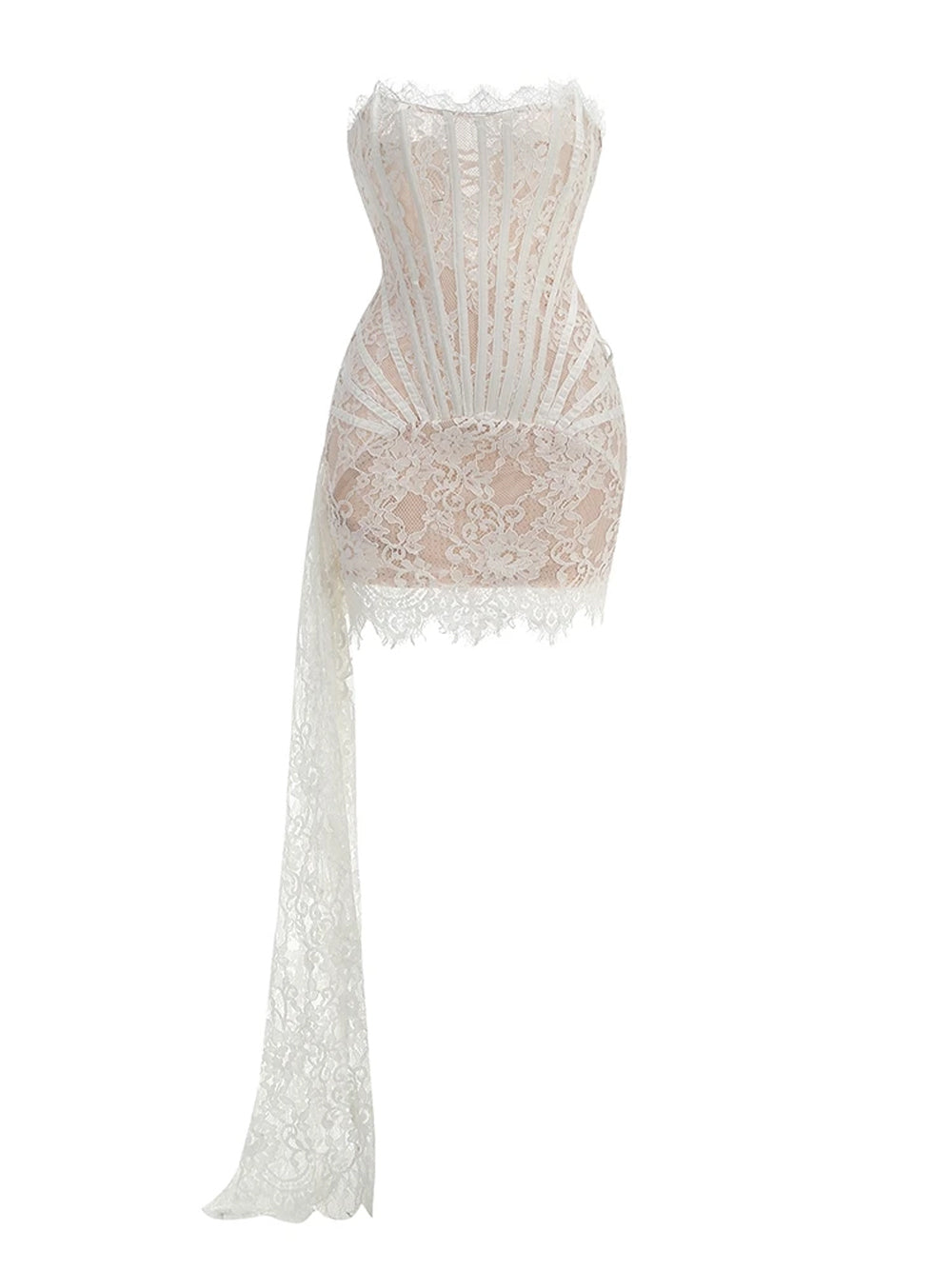 White Strapless Eyelash Lace Corset Ruched Bodycon Mini Dress 13