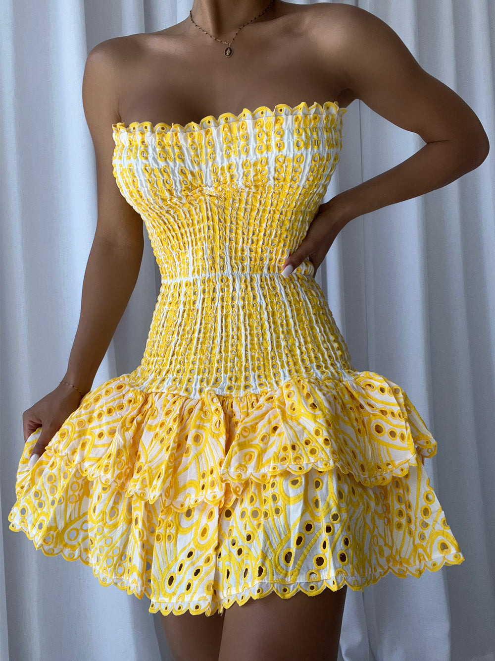 Yellow Strapless Eyelet Embroidery Shirred Tiered Ruffle Mini Dress