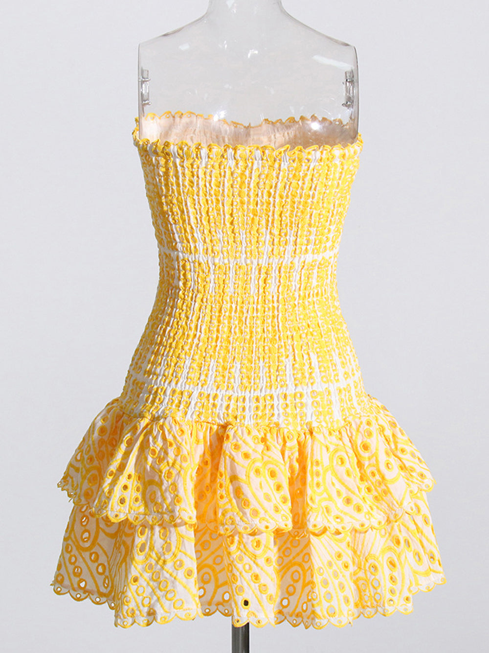 Yellow Strapless Eyelet Embroidery Shirred Tiered Ruffle Mini Dress