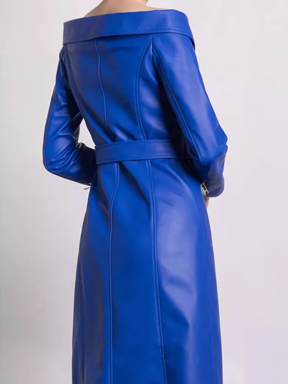 Royal Blue Off-Shoulder Long Sleeve Zip Front Belted Leather Maxi Dress 14