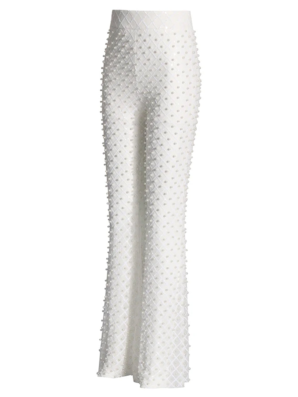 White Rosette Applique Satin Blazer and Pearl Beaded Pants Set