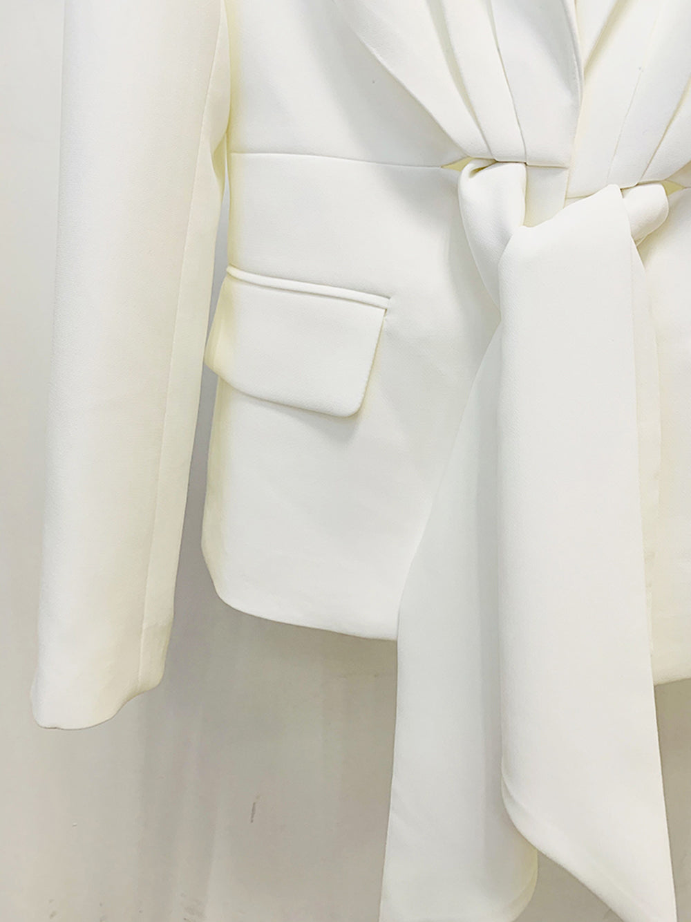 White Peak Lapel Tie Front Blazer Pleated Flared Pants Set 12