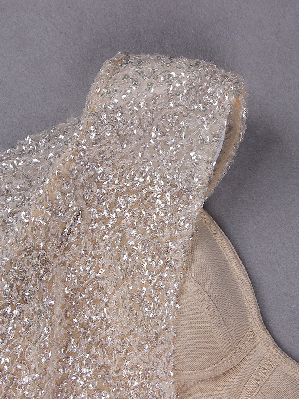 Beige One-Shoulder Sequin Long Sleeve Bodycon Mini Dress